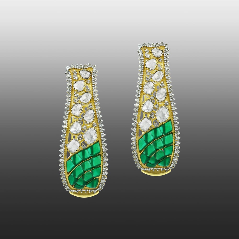Polki Hoop Earrings with Emerald Talaf and Diamonds